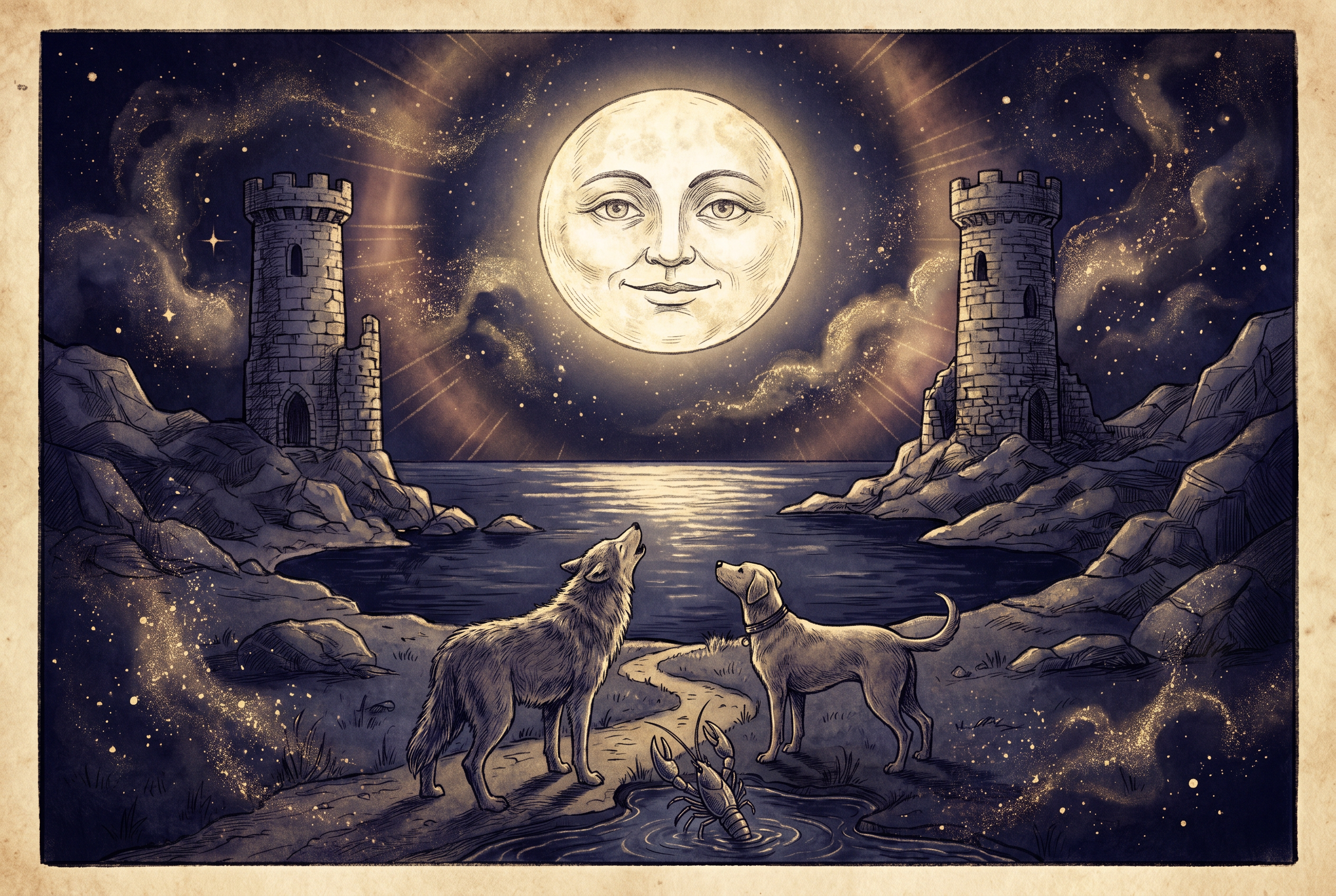 Tarotkarte Der Mond (Wasser): Illusion, Unterbewusstes, Intuition