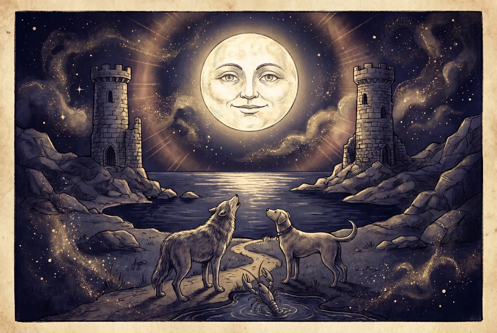 Tarotkarte Der Mond (Wasser): Illusion, Unterbewusstes, Intuition