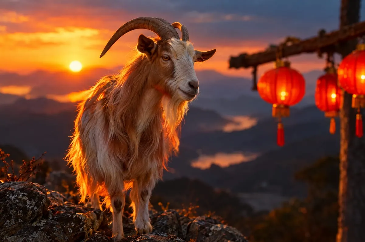 Ziege mit geschwungenen Hörnern im Abendrot auf einem Felsgrat, daneben rote chinesische Laternen – Jahr der Feuer-Ziege 2027