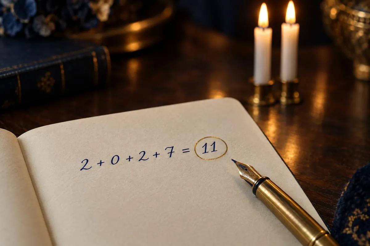 Handschriftliche Rechnung 2 + 0 + 2 + 7 = 11 mit golden umkreister 11, daneben Füllfederhalter und zwei Kerzen – Numerologie 2027