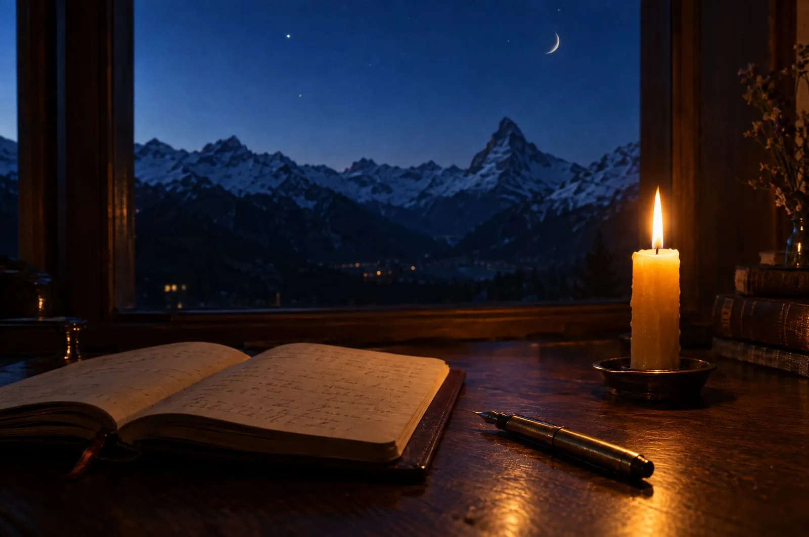 Kerze, Tagebuch und Füllfederhalter vor verschneiten Alpengipfeln mit Mondsichel – Symbolbild spirituelles Jahr 2027