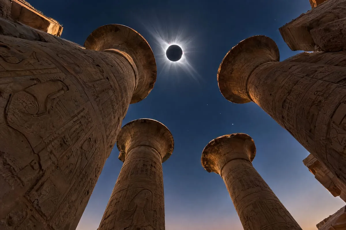 Blick zwischen ägyptischen Tempelsäulen hinauf zur totalen Sonnenfinsternis mit Korona – Symbolbild für den 2. August 2027